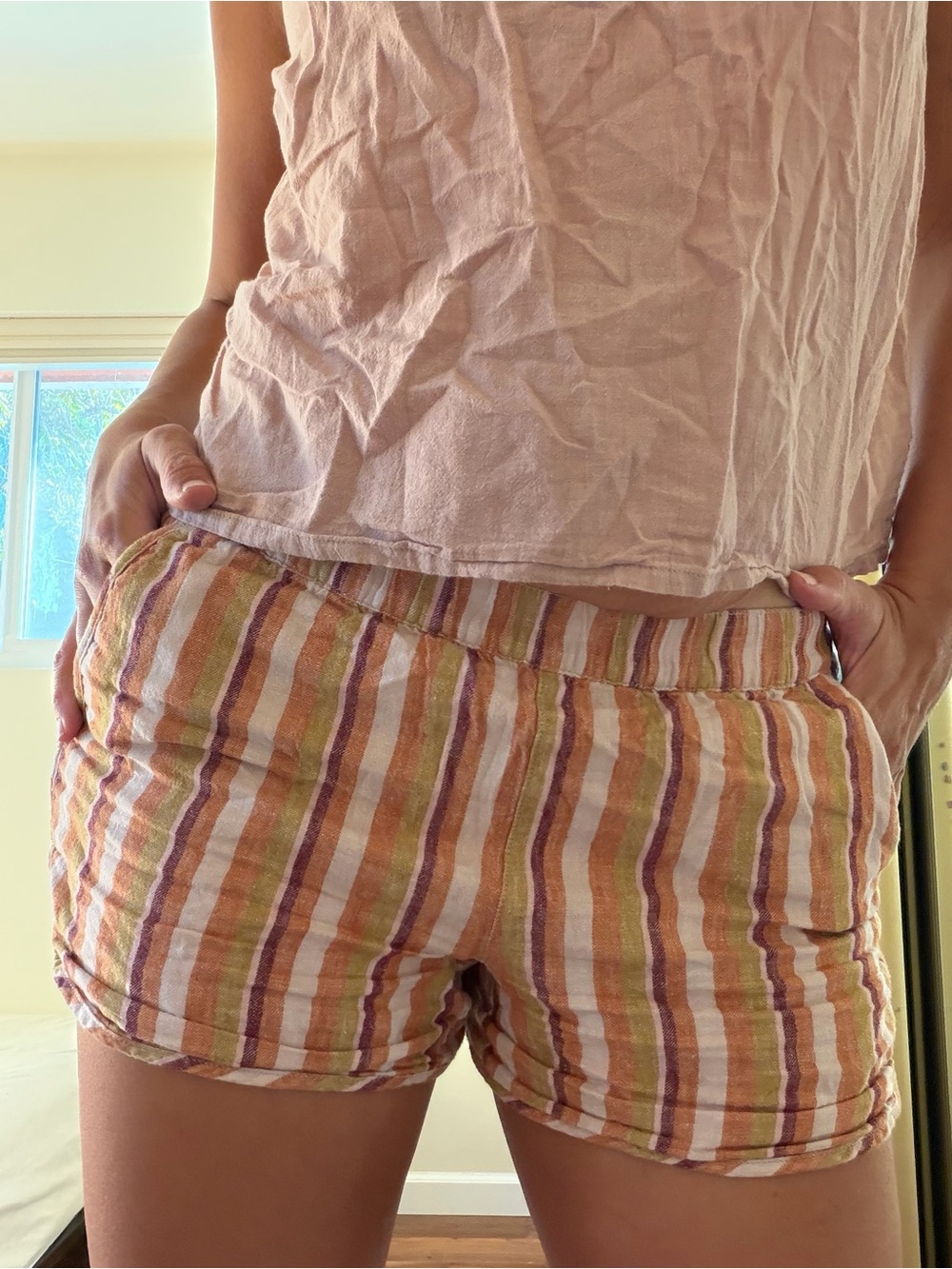 Madewell Linen Blend Striped Pull On Elastic Waistband Active Lounge Shorts